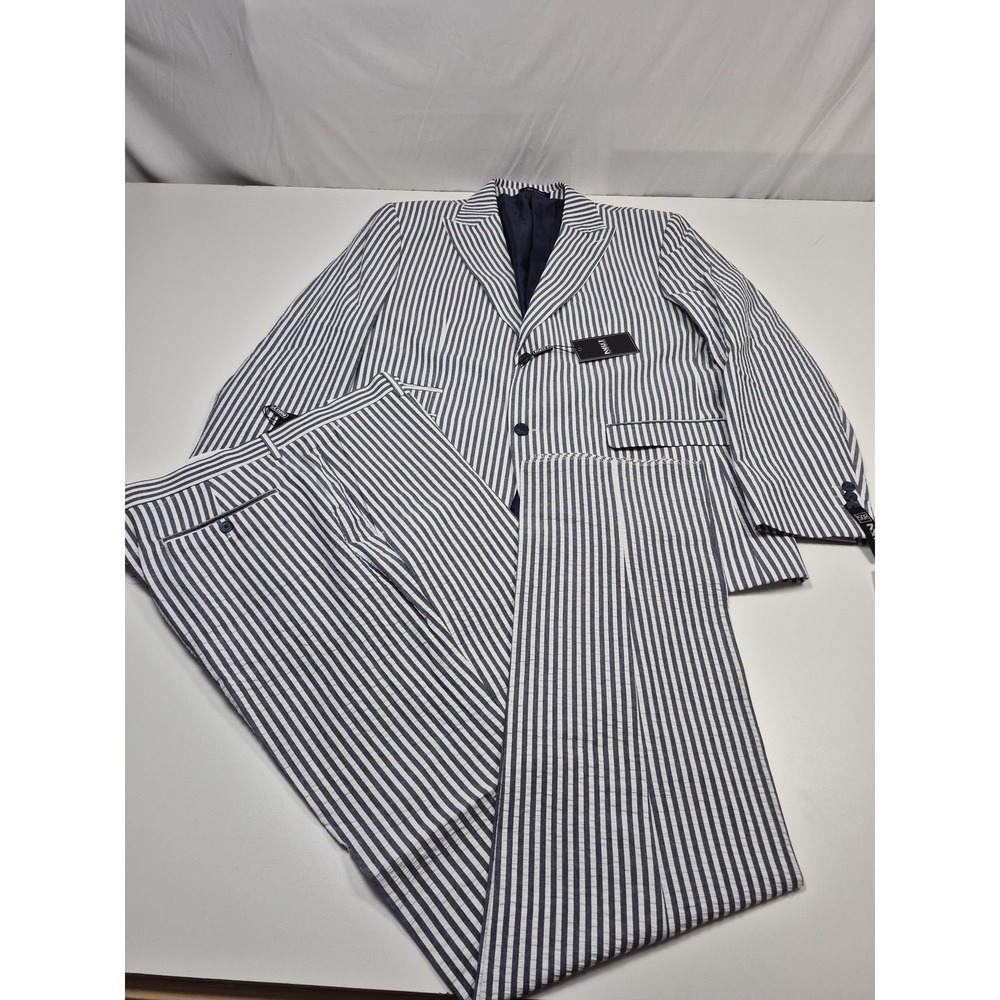 Inserch Seersucker Suit Mens 50R Blue 100% Cotton Stripe 2 Piece 42x36 NWT